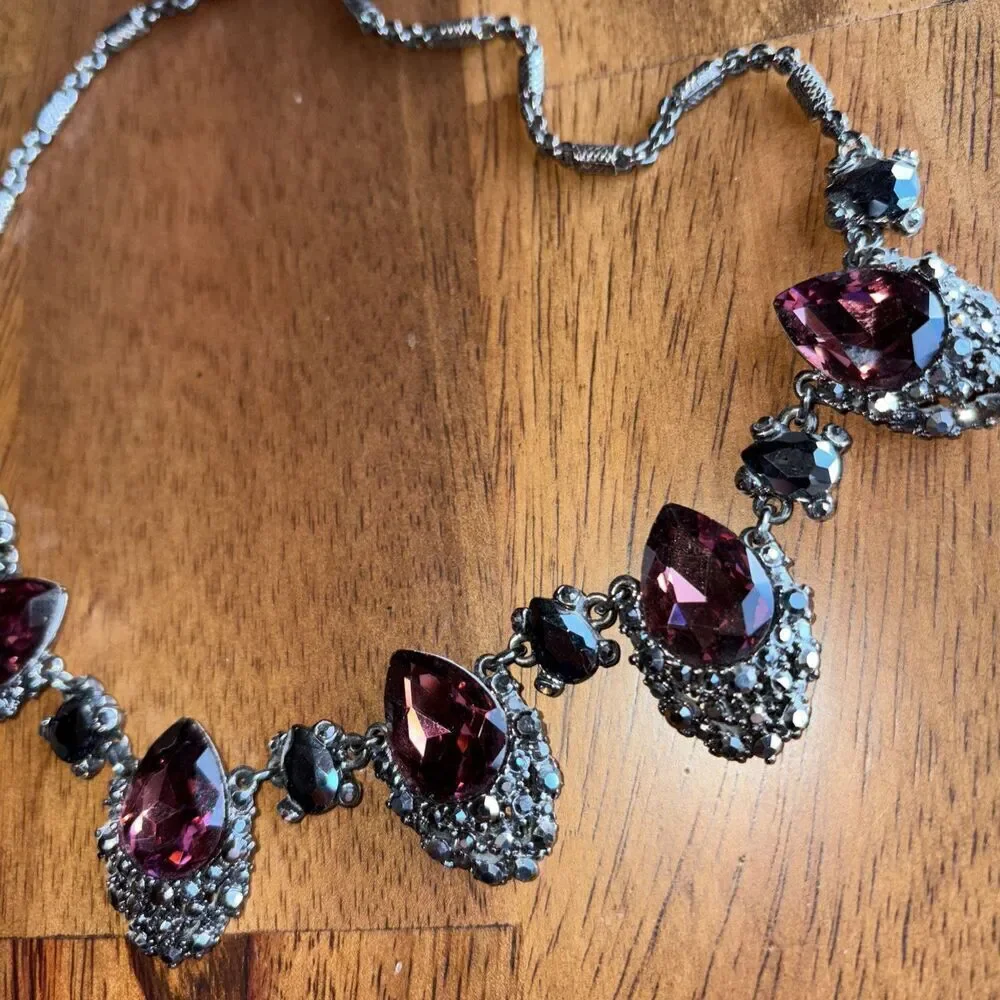 White House Black Market Dark Pink & Black SilverTone Statement Bold Necklace
